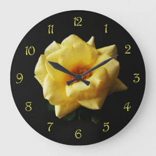 Yellow Rose On Black Yellow Script Numbers WC Large Clock