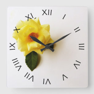 Yellow Rose On White Black Roman Number Wall Clock