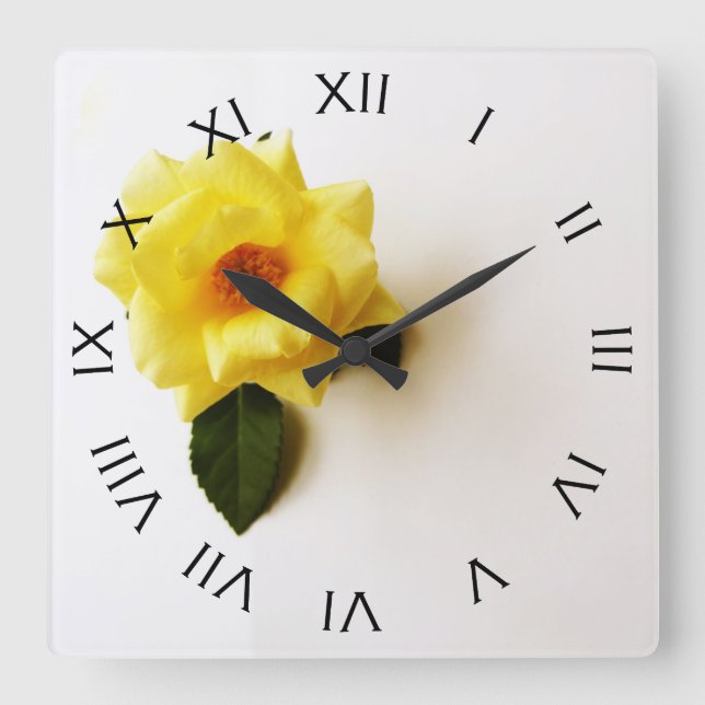 Yellow Rose On White Black Roman Numbers wcm Square Wall Clock (Front)