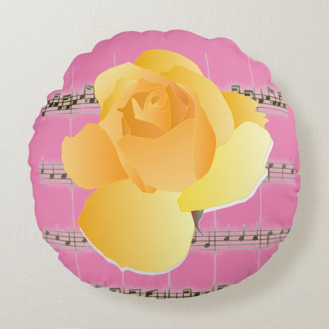 Yellow Rose Pink Vintage Sheet Music Round Pillow (Front)