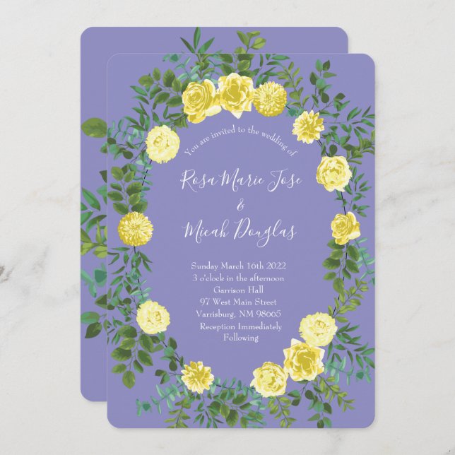 Yellow Rose & Purple Periwinkle Wedding Invitation (Front/Back)
