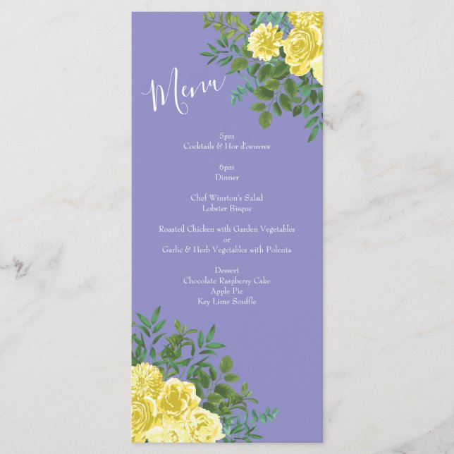 Yellow Rose & Purple Periwinkle Wedding Menu (Front)