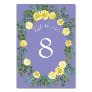 Yellow Rose & Purple Periwinkle Wedding Table Number