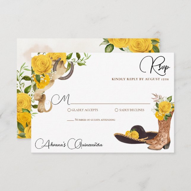 Yellow Rose Rustic Charro Western Quinceanera RSVP Card (Front/Back)