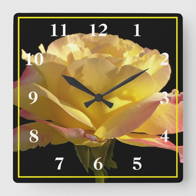 Yellow Rose Square Wall Clock (Front)