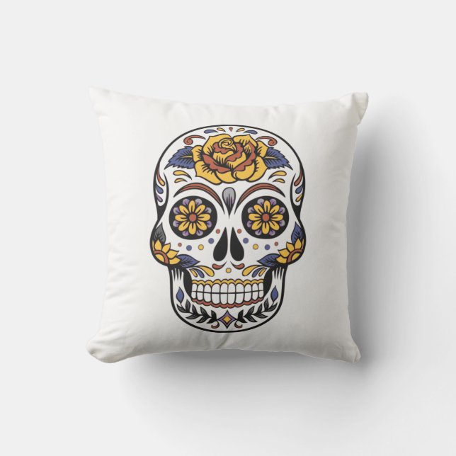 Yellow Rose Sugar Skull Cushion (Front)