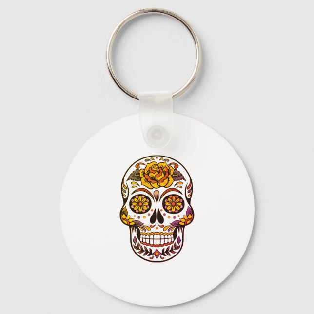 Yellow Rose Sugar Skull Key Ring (Front)