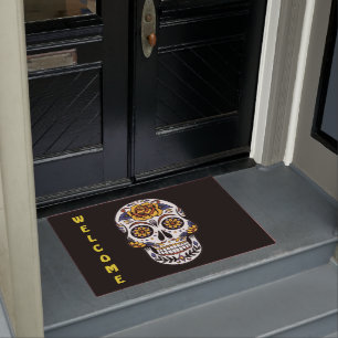 Yellow Rose Sugar Skull Monogram Doormat