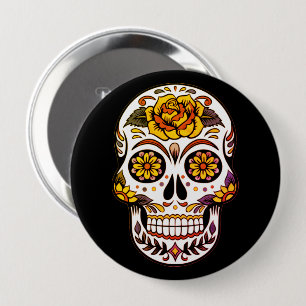Yellow Rose Sugar Skull on Black 10 Cm Round Badge