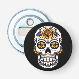 Yellow Rose Sugar Skull on Black Bottle Opener