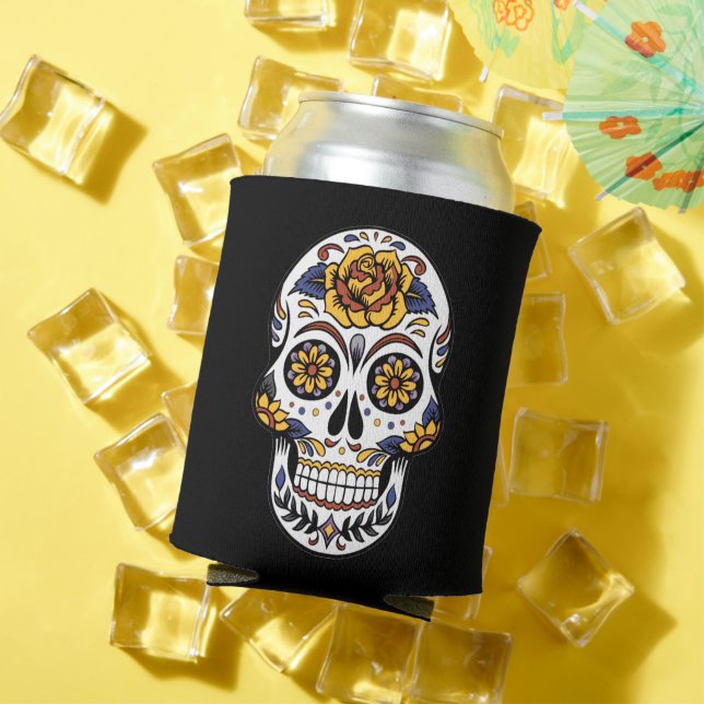Yellow Rose Sugar Skull on Black Can Cooler (In Situ Summer)