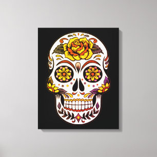 Yellow Rose Sugar Skull on Black Canvas Print