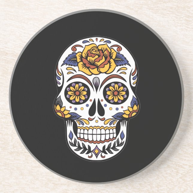 Yellow Rose Sugar Skull on Black Coaster (Front)