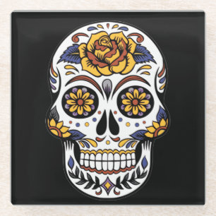 Yellow Rose Sugar Skull on Black Glass Coaster