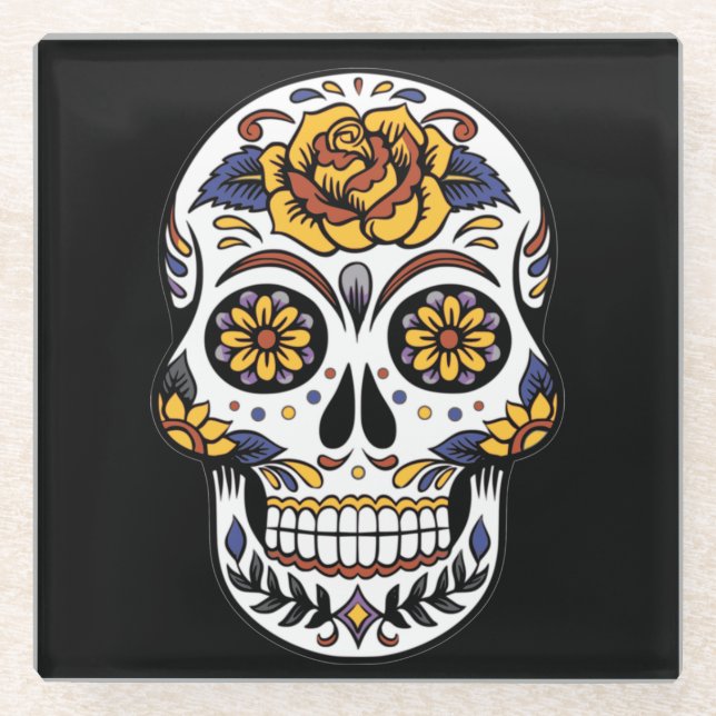 Yellow Rose Sugar Skull on Black Glass Coaster (Front)