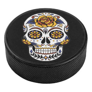 Yellow Rose Sugar Skull on Black Hockey Puck