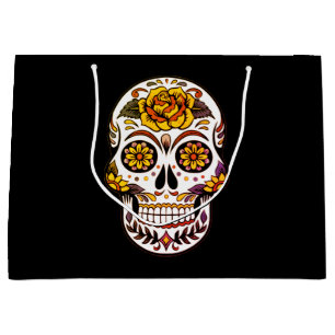 Yellow Rose Sugar Skull on Black Large Gift Bag
