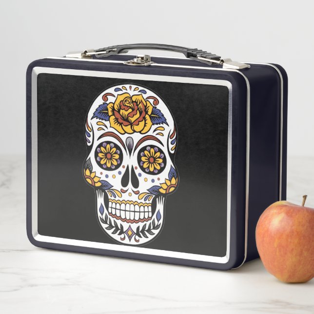 Yellow Rose Sugar Skull on Black Metal Lunch Box (In Situ)