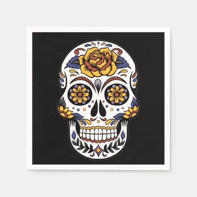 Yellow Rose Sugar Skull on Black Napkin (Front)