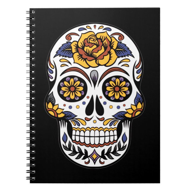 Yellow Rose Sugar Skull on Black Notebook (Front)