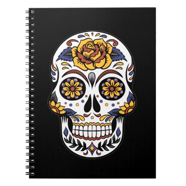 Yellow Rose Sugar Skull on Black Notebook (Front)