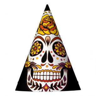 Yellow Rose Sugar Skull on Black Party Hat