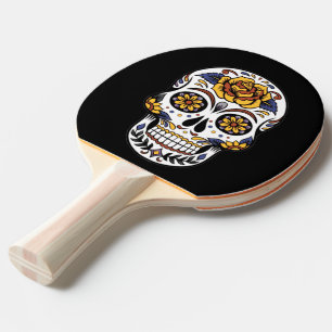 Yellow Rose Sugar Skull on Black Ping Pong Paddle