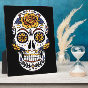 Yellow Rose Sugar Skull on Black Plaque