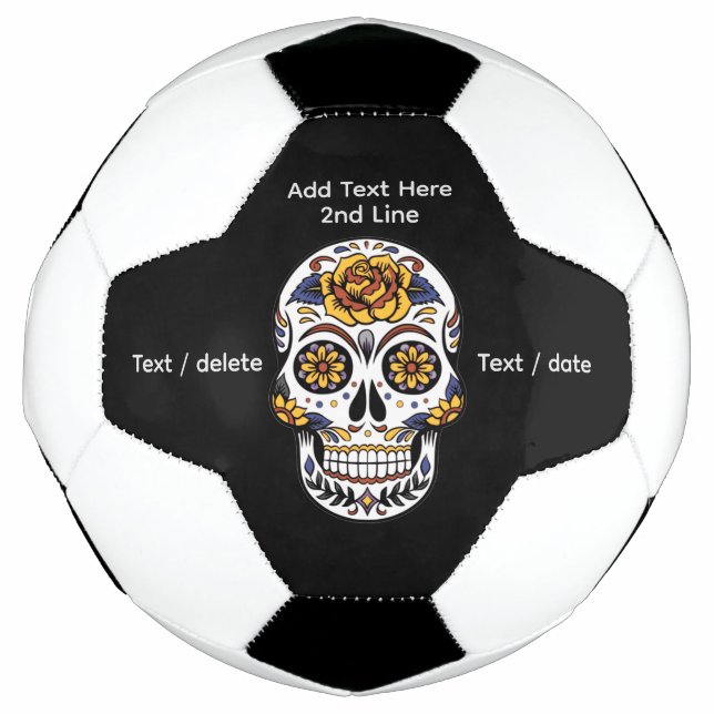 Yellow Rose Sugar Skull on Black Soccer Ball (Front)