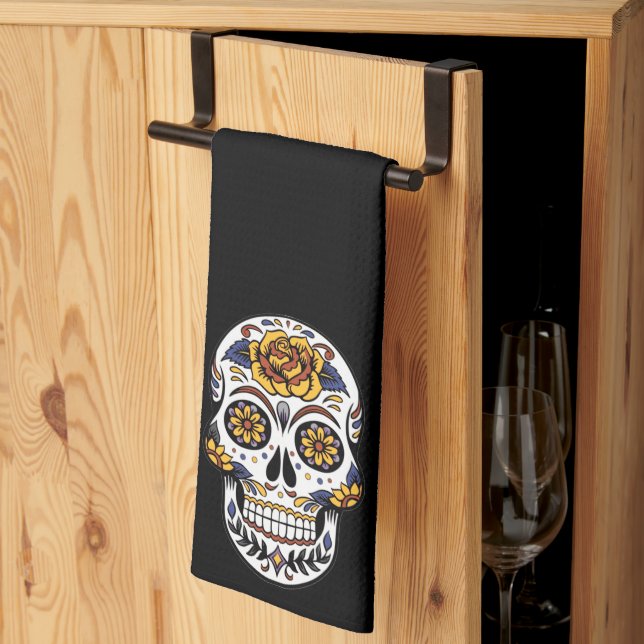 Yellow Rose Sugar Skull on Black Tea Towel (Thirds Fold)