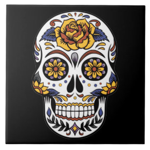 Yellow Rose Sugar Skull on Black Tile