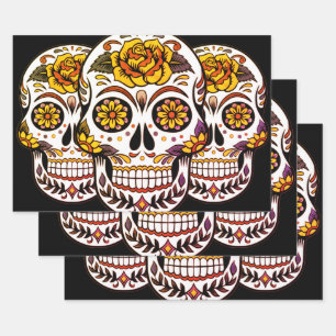 Yellow Rose Sugar Skull on Black Wrapping Paper Sheet