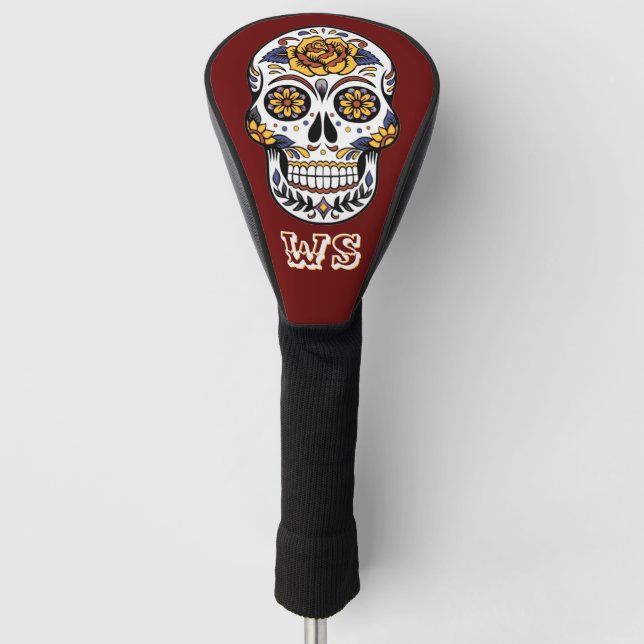 Yellow Rose Sugar Skull on Maroon Monogram  Golf Head Cover (Front)