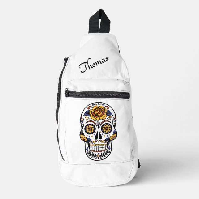 Yellow Rose Sugar Skull Personal Sling Bag (Front)