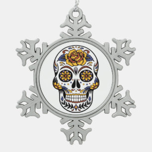 Yellow Rose Sugar Skull Snowflake Pewter Christmas Ornament