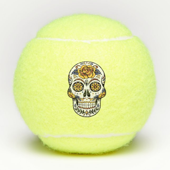 Yellow Rose Sugar Skull Tennis Balls (Front)