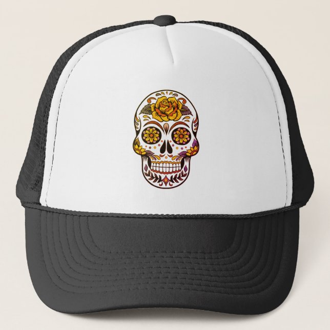 Yellow Rose Sugar Skull Trucker Hat (Front)