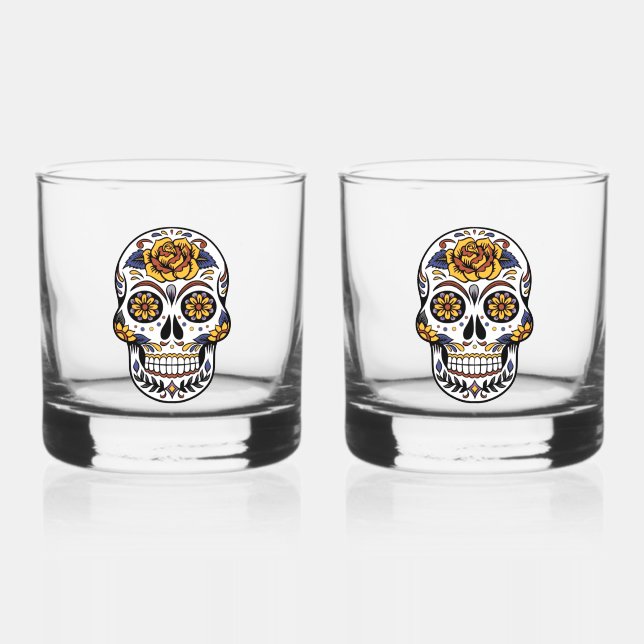 Yellow Rose Sugar Skull Whiskey Glass (Front)