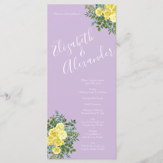 Yellow Rose Vintage Wedding Purple Menu (Front)