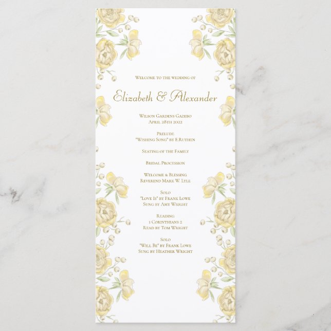 Yellow Rose Wedding Programs Menu (Front)