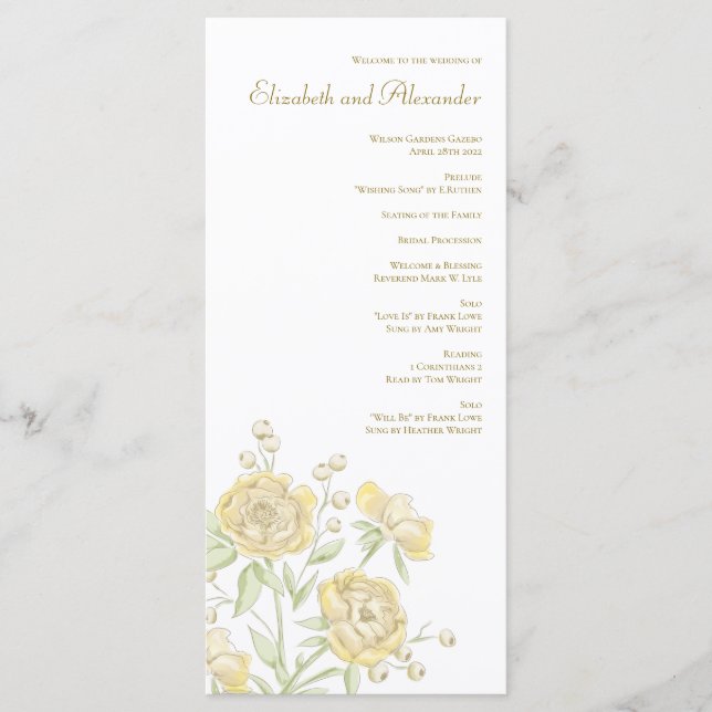 Yellow Rose Wedding Programs Menu (Front)