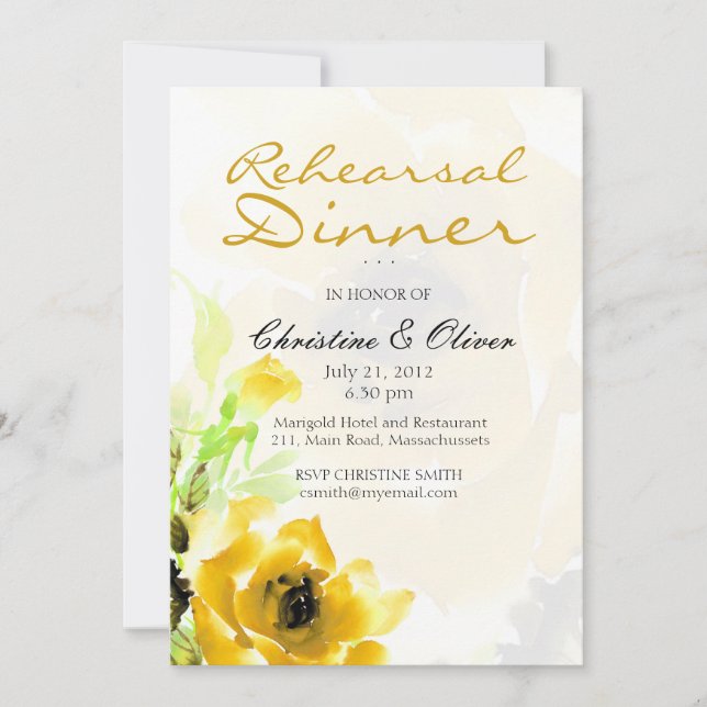 Yellow Rose Wedding Rehearsal Dinner Card (Front)