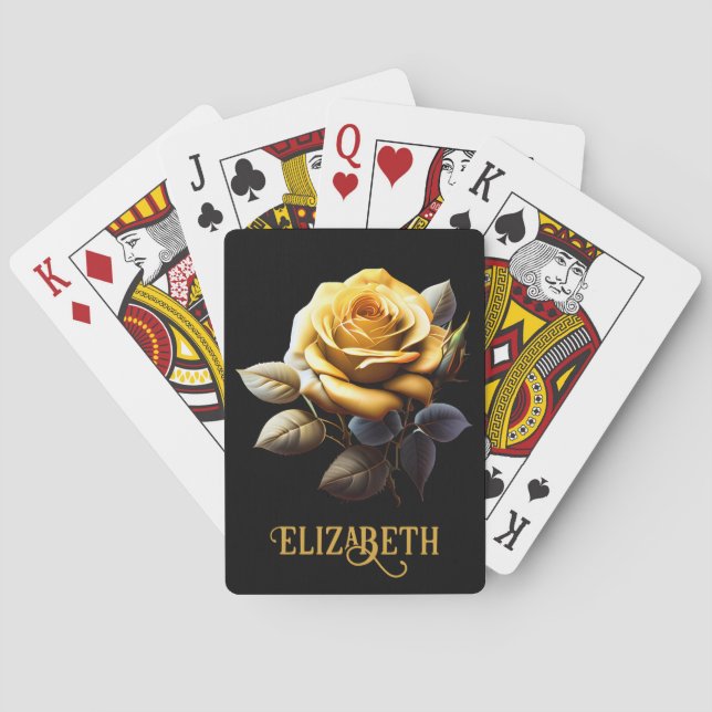 Yellow Rose With Leaves & Thorns Black Background Playing Cards (Back)