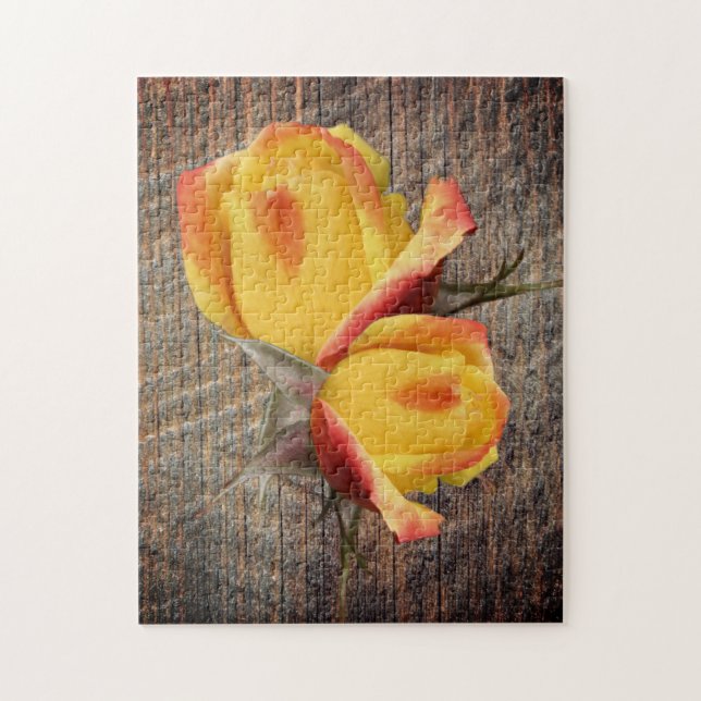 Yellow Rosebud Flowers On Barnboard     Jigsaw Puzzle (Vertical)