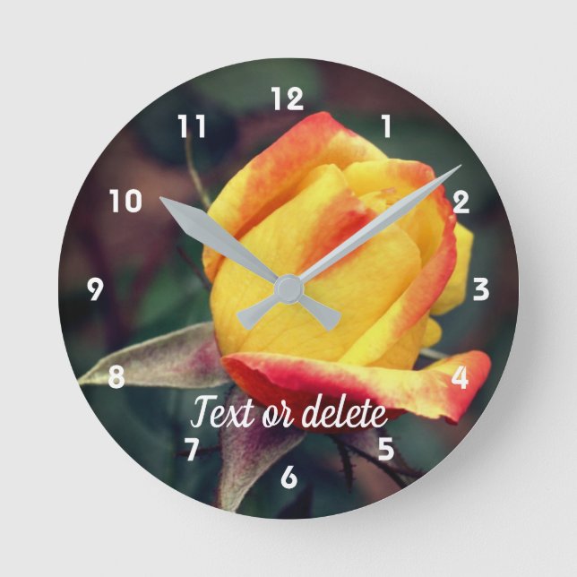 Yellow Rosebud With Red Highlights Personalised Round Clock (Front)