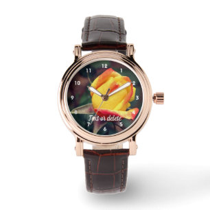 Yellow Rosebud With Red Highlights Personalised Watch