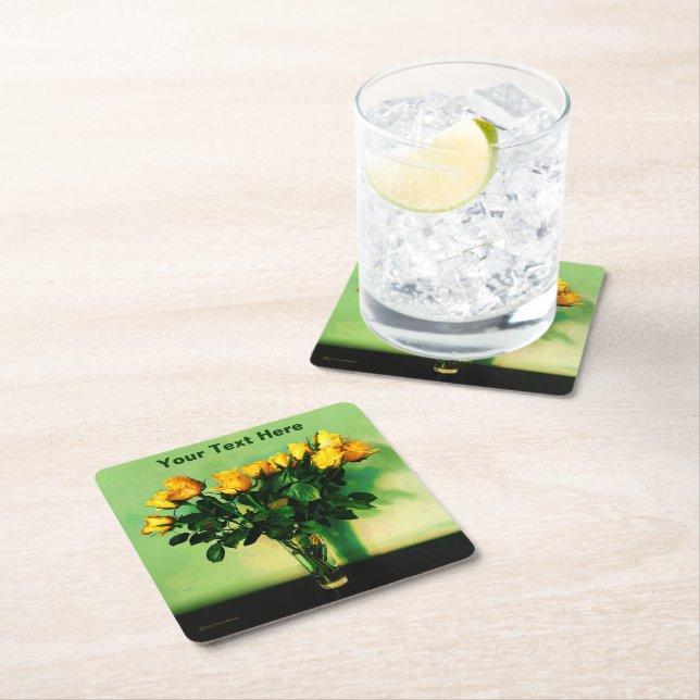 Yellow Roses Against A Green Wall Square Paper Coaster (Insitu)