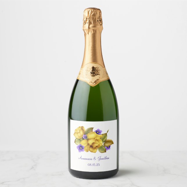 Yellow Roses and Purple Violets Wedding Favour Sparkling Wine Label (Front)