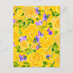 Yellow Roses and Violets Floral Postcard