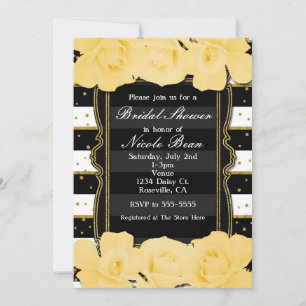 Yellow Roses Black Stripes & Gold Bridal Shower Invitation